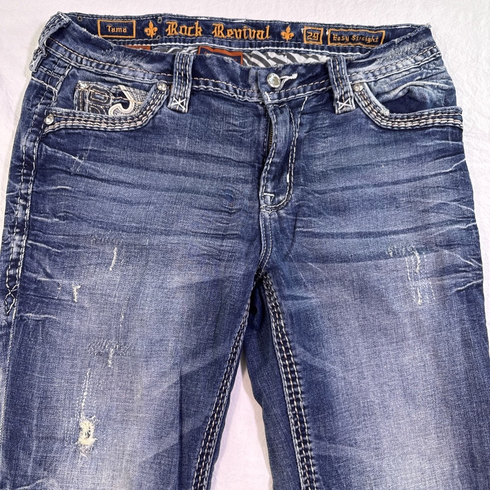 Rock Revival Jeans Women 29 Denim TAMA Easy Straight rhinestones embelished - Picture 3 of 10